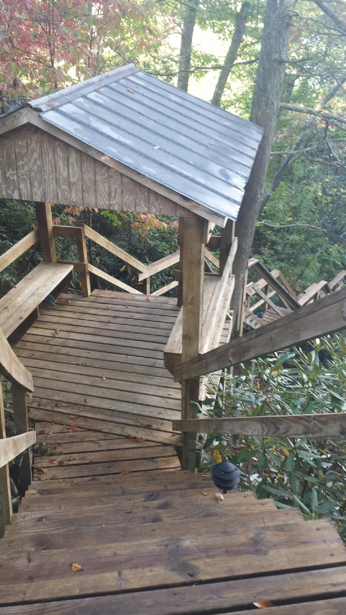 Metal roofed shelter over wooden steps on a wooded walkway — Skylight Repair & Installation work by our crew in Jewell